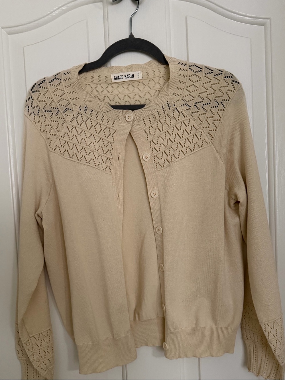 Grace Karin Beige Openwork Yoke Button-Front Cardigan